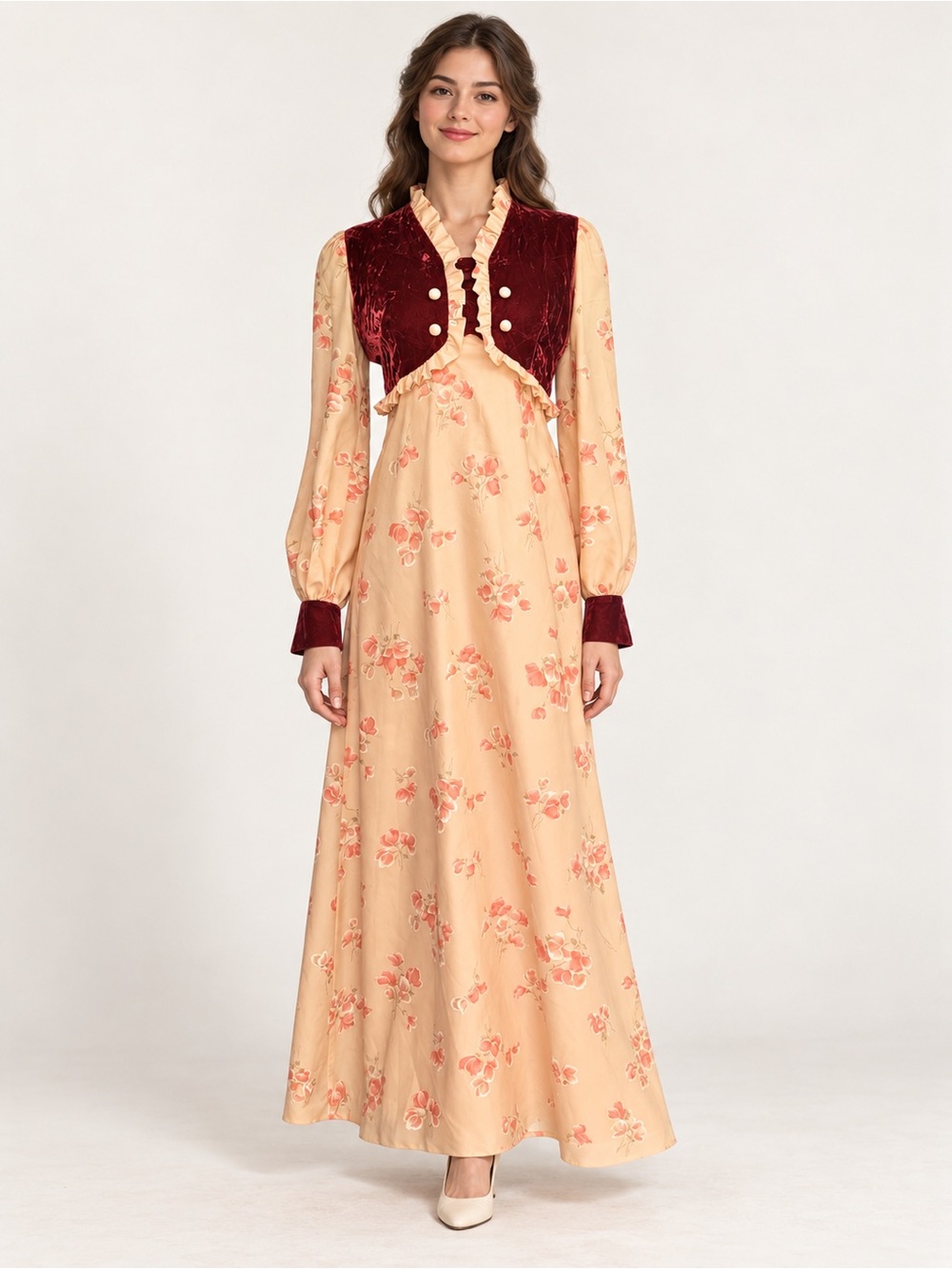 Vintage Floral Maxi Dress Burgundy Velvet Ruffle Prairie Romantic